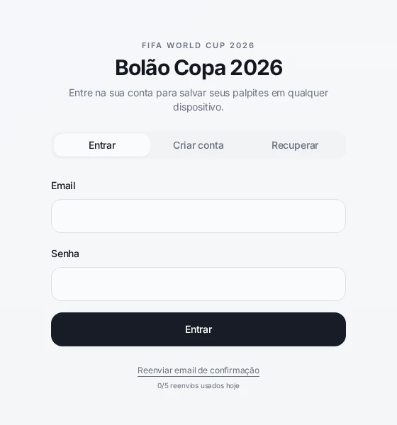 Bolão login screen with signup and recovery tabs and empty email and password fields.