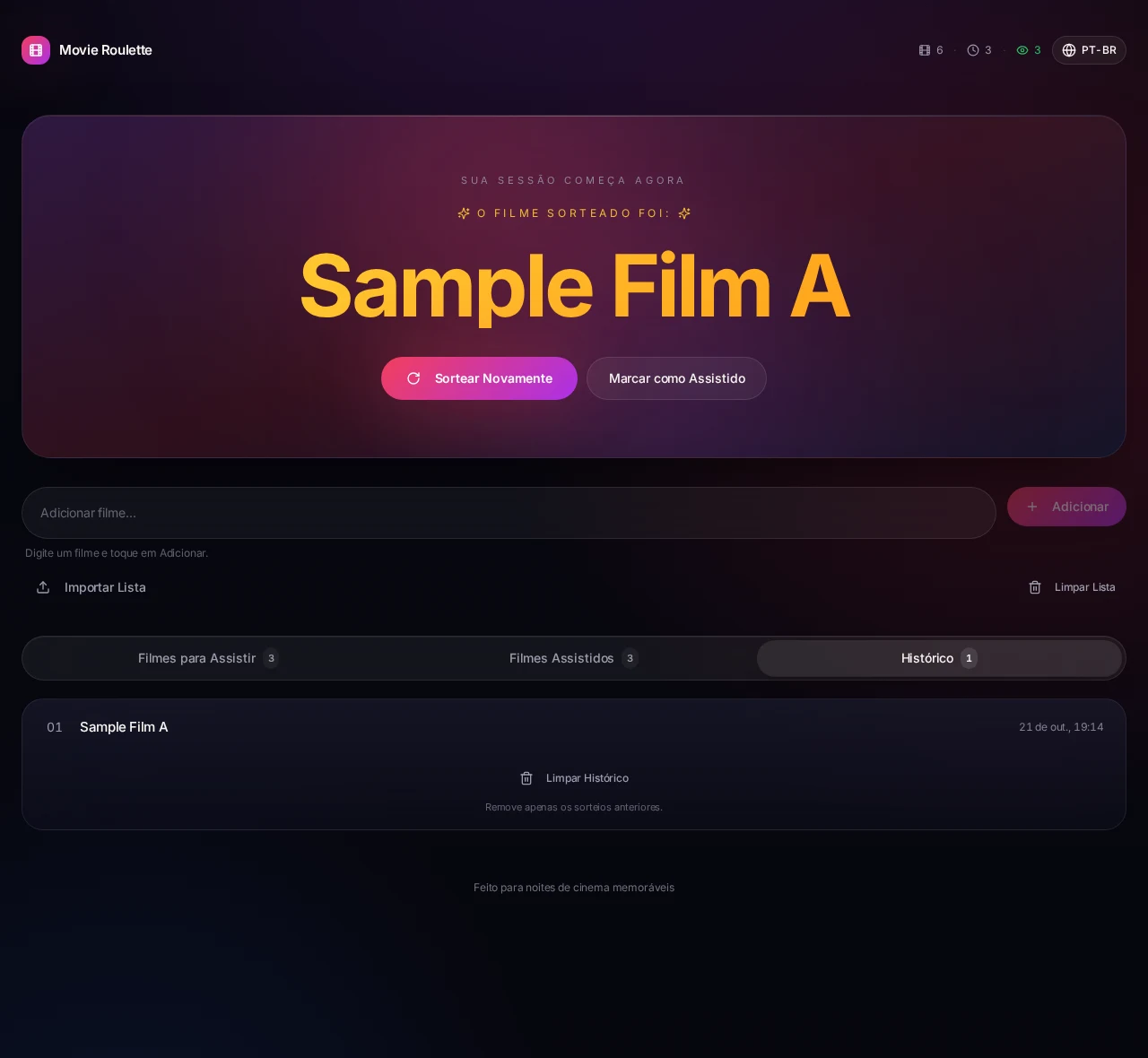 Movie Roulette history tab with the sample film selected by the real spin.