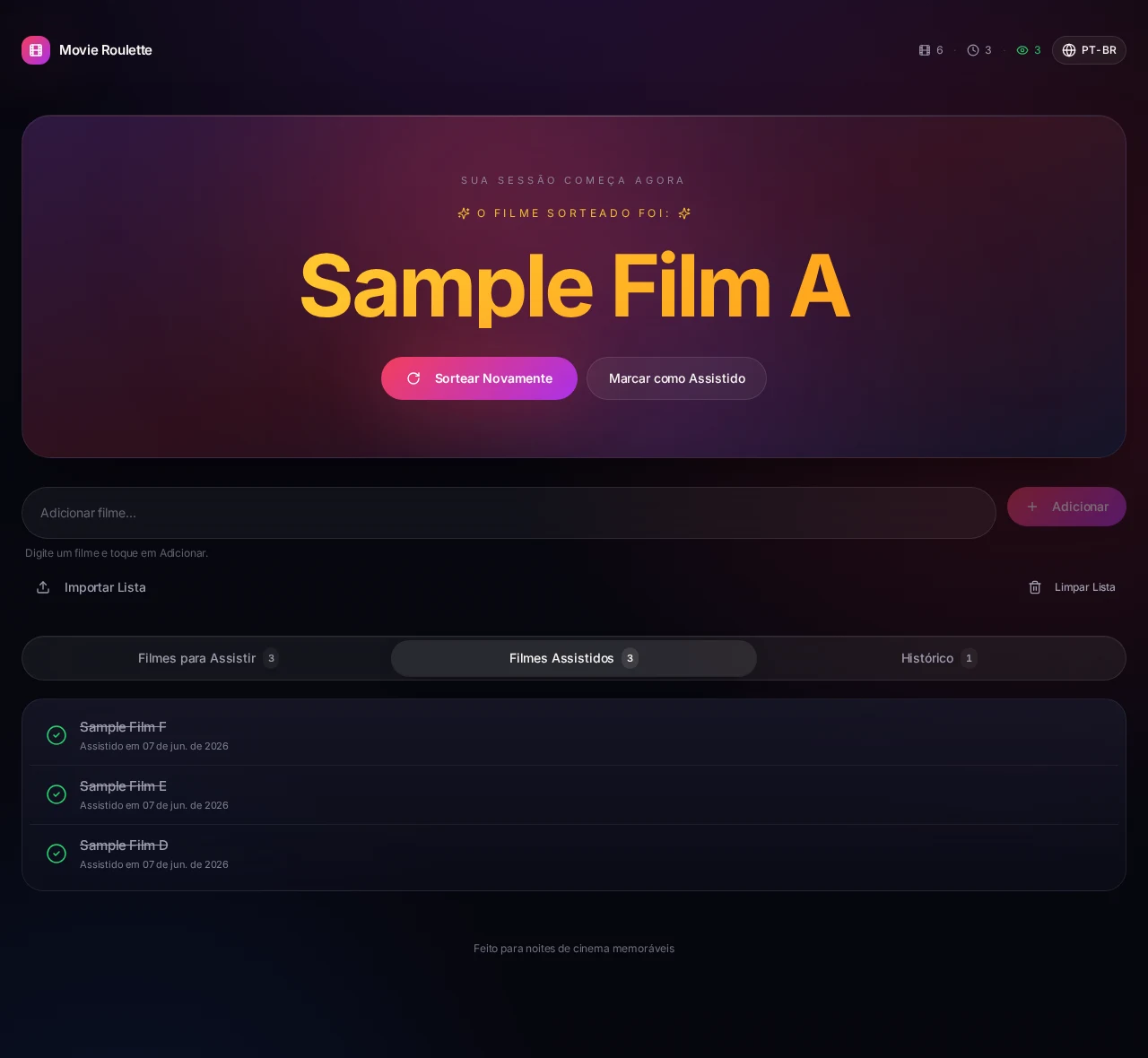 Movie Roulette watched tab with checkmarks and sample films marked as watched.