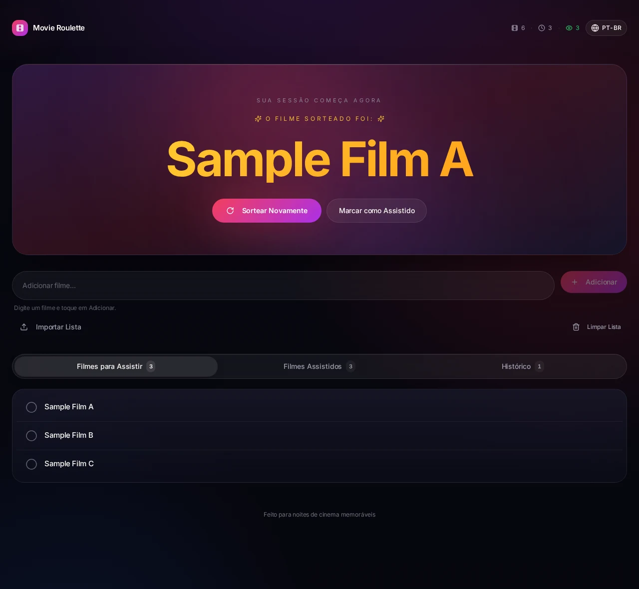 Movie Roulette displays a sample film selected by the actual random draw.