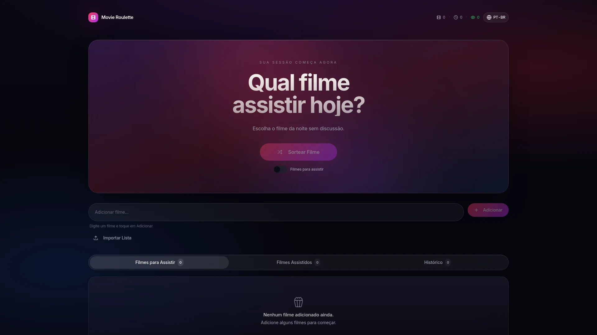 Movie Roulette empty home screen with draw, title input and list tabs.