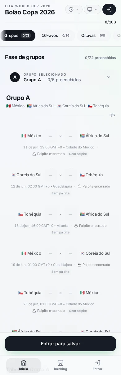 Bolão mobile group-stage screen with match predictions and phase navigation.