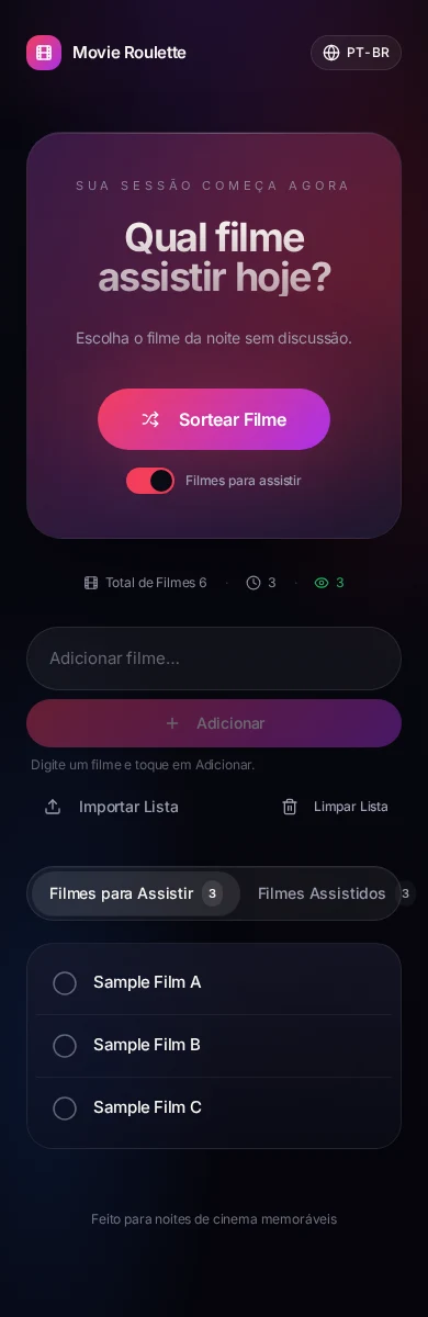 Movie Roulette mobile screen with draw, list counts and pending sample titles.