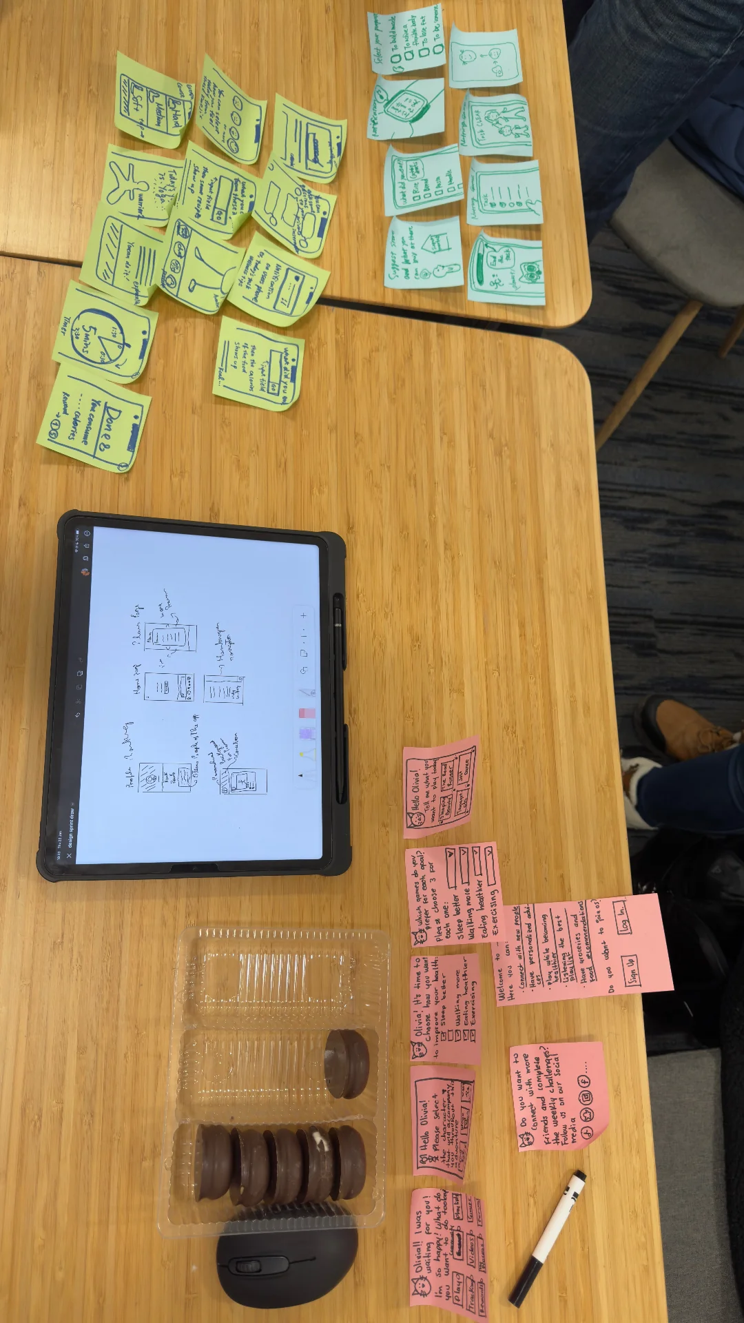 Ideation wall with sticky note sketches